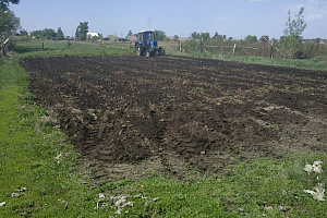 Трактор пашет землю, а следом летают грачи.